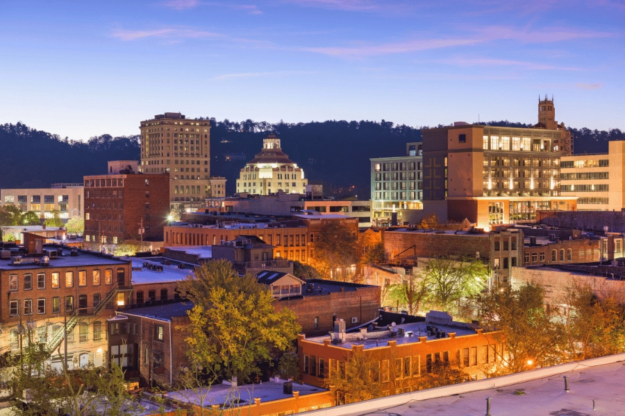 Downtown Asheville, NC just after sunset